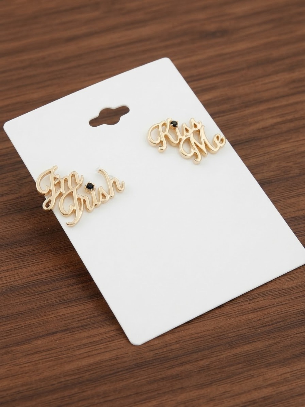 Gold 'Kiss Me' and 'I'm Crush' Script Stud Earrings - Gold Tone